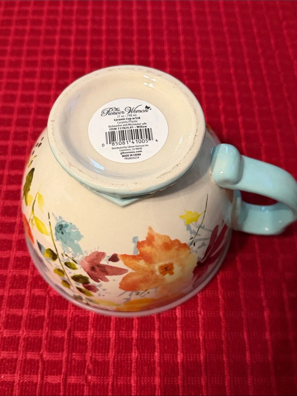 The Pioneer Woman Floral Ceramic Soup Mug with Light Blue Handle and Clear Lid